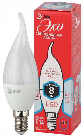 ECO LED BXS-8W-840-E14 ЭРА (диод, свеча на ветру, 8Вт, нейтр, E14) (10/100/2800)