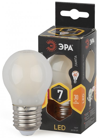 Лампочка светодиодная ЭРА F-LED P45-7W-827-E27 frost E27 / Е27 7Вт филамент шар матовый теплый белый свет
