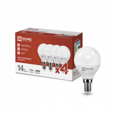 4690612052359 Лампа сд LED-ШАР-VC 4PACK 14Вт 230В Е14 4000К 1330Лм (4шт./упак) IN HOME