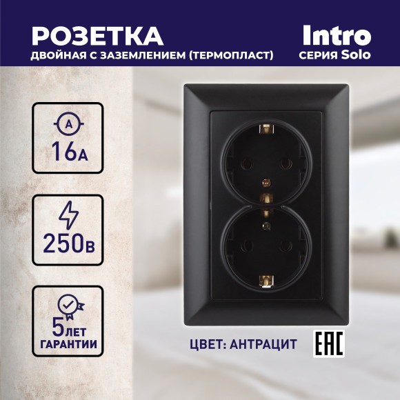 Б0043337 4-205-05 Intro Розетка 2X2P+E Schuko, 16А-250В, СУ, Solo, антрацит (10/100/1400)