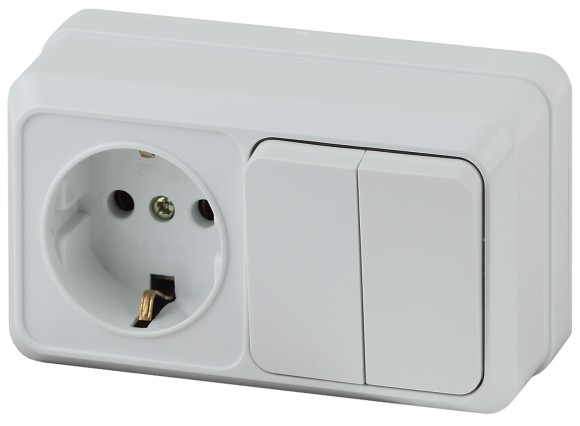 Б0036153 2-702-01 Intro Блок розетка+выкл. двойной гориз. 10(16)А-250В, IP20, ОУ, Quadro, белый (6/120/1440)