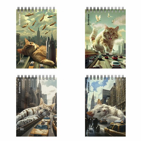 Блокнот МАЛЫЙ ФОРМАТ А6, 100х146 мм, 80 л., спираль, картон, клетка, ERICH KRAUSE, "Вig City Cats", 63385