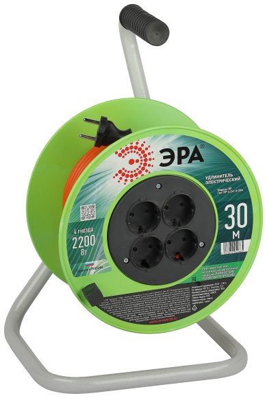 RP-4-2x1.0-30m Удлинитель силовой ЭРА RP-4-2x1.0-30m на пластиковой катушке без заземления 4 розетки 30м ПВС 2х1мм2