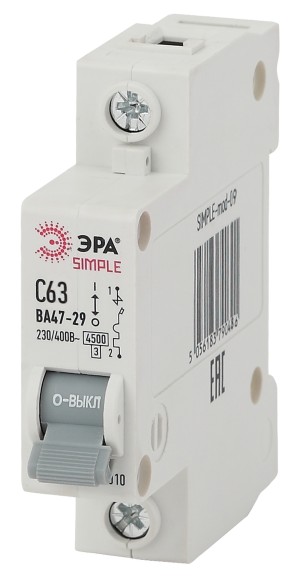 Б0039226 Автоматический выключатель ЭРА SIMPLE 1P 63А (C) 4,5кА ВА 47-29 SIMPLE-mod-09