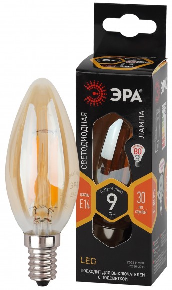 Б0047034 Лампочка светодиодная ЭРА F-LED B35-9W-827-E14 gold Е14 / Е14 9Вт филамент свеча золотистая теплый белый