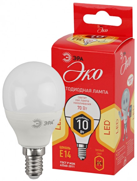 Б0032968 Лампочка светодиодная ЭРА RED LINE ECO LED P45-10W-827-E14 E14 / Е14 10Вт шар теплый белый свет