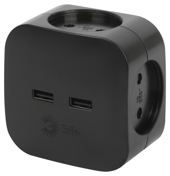 Б0049536 Разветвитель электрический ЭРА SP-4-USB-B на 4 розетки + 2xUSB 2400mA, без заземл 10А (черный)