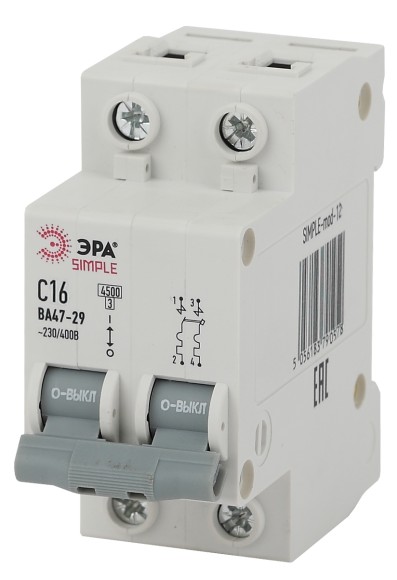 Б0039229 Автоматический выключатель ЭРА SIMPLE SIMPLE-mod-12 ВА 47-29 2P 16А кривая С 4,5кА