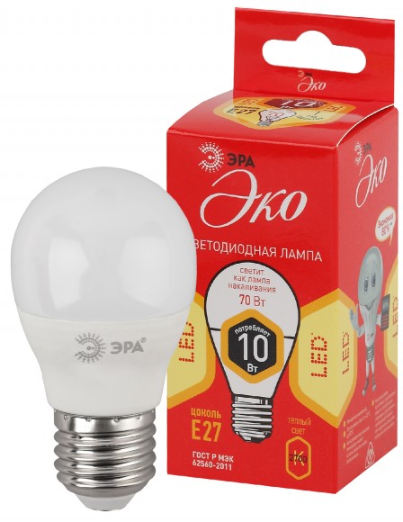 Лампочка светодиодная ЭРА RED LINE ECO LED P45-10W-827-E27 E27 / Е27 10Вт шар теплый белый свет