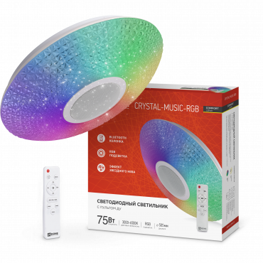 4690612044569 Светильник сд COMFORT CRYSTAL-MUSIC-RGB 75Вт 230В 3000-6500K 6000Лм 505x125мм с пультом ДУ IN HOME