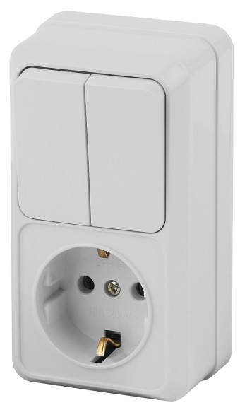 Б0036169 2-706-01 Intro Блок розетка+выкл. двойной верт. 10(16)А-250В, IP20, ОУ, Quadro, белый (6/120/1440)