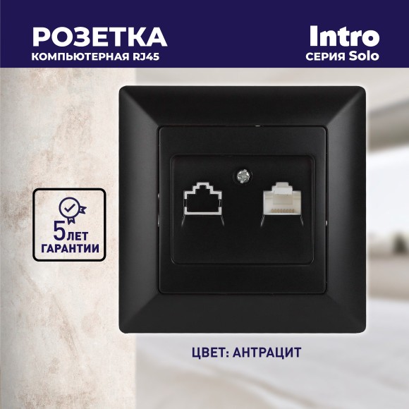 Б0043386 Розетка Intro Solo 4-303-05 информационная RJ45, СУ, антрацит