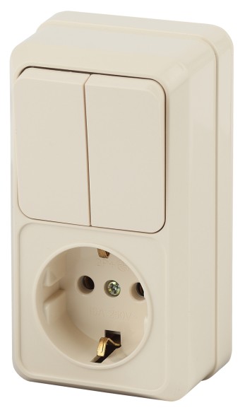 Б0036170 2-706-02 Intro Блок розетка+выкл. двойной верт. 10(16)А-250В, IP20, ОУ, Quadro, сл.кость (6/120/1440)