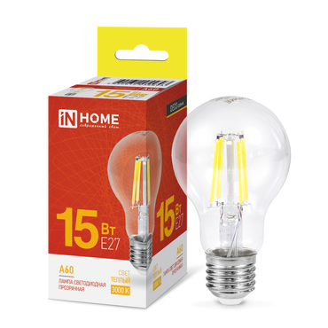 4690612055893 Лампа сд LED-A60-deco 15Вт 230В Е27 3000К 1480Лм прозрачная IN HOME