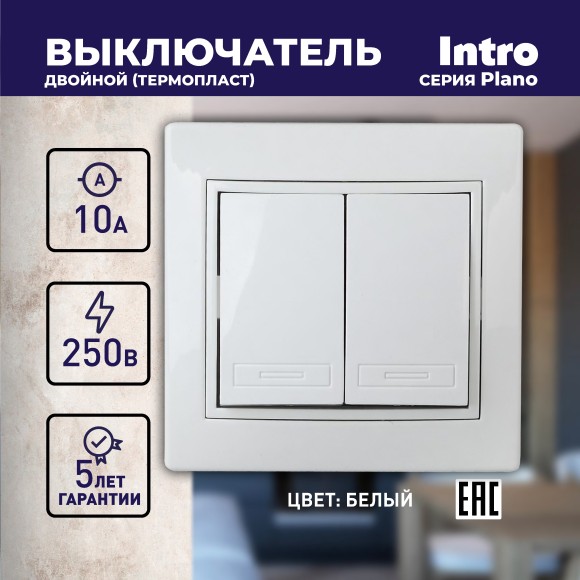 Б0027601 1-104-01 Intro Выключатель двойной, 10А-250В, IP20, СУ, Plano, белый (10/200/2400)