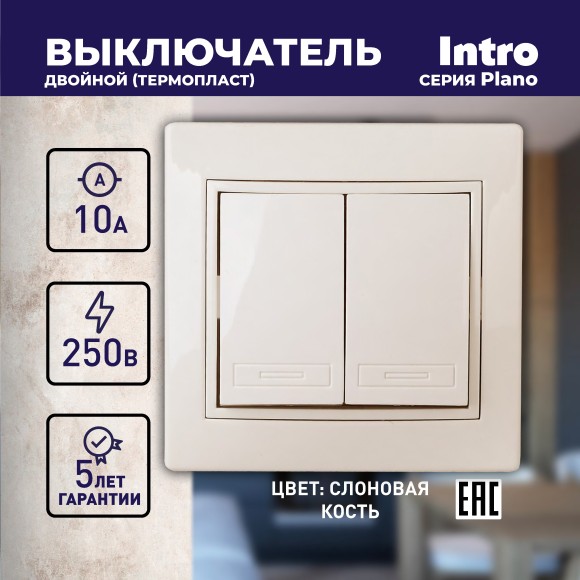 Б0027602 1-104-02 Intro Выключатель двойной, 10А-250В, IP20, СУ, Plano, сл.кость (10/200/2400)