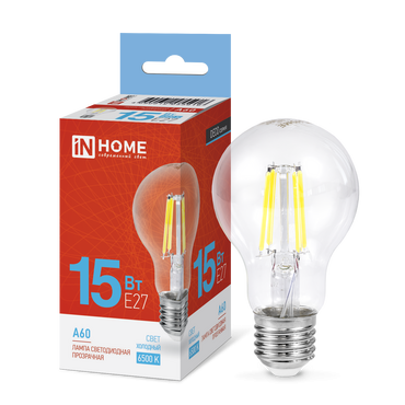 4690612055916 Лампа сд LED-A60-deco 15Вт 230В Е27 6500К 1480Лм прозрачная IN HOME