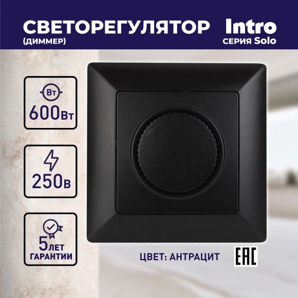 Б0053709 Светорегулятор Intro Solo 4-401-05 поворотный, 600Вт 230В, IP20, СУ, антрацит
