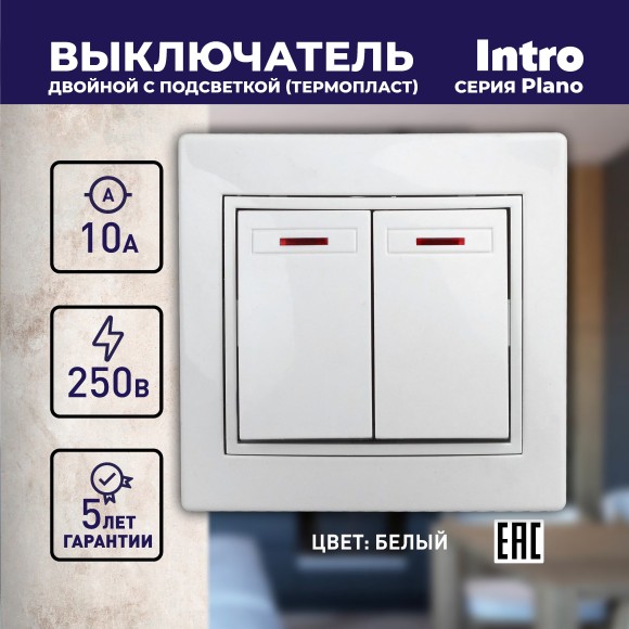 Б0027603 1-105-01 Intro Выключатель двойной с подсветкой, 10А-250В, IP20, СУ, Plano, белый (10/200/2400)