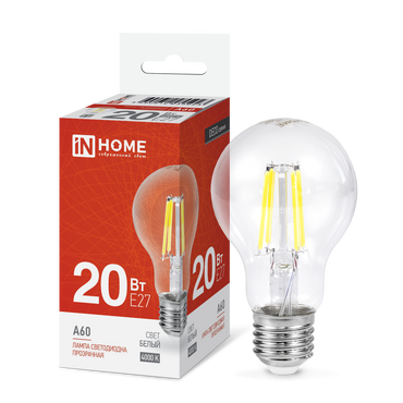 4690612055923 Лампа сд LED-A60-deco 20Вт 230В Е27 4000К 1890Лм прозрачная IN HOME