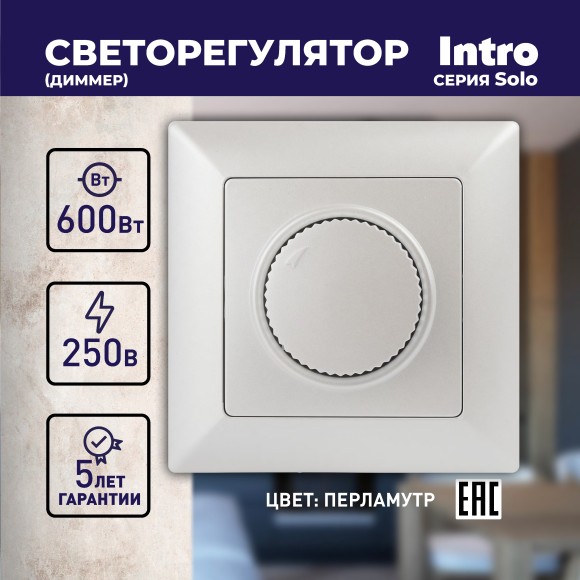 Б0053710 Светорегулятор Intro Solo 4-401-06 поворотный, 600Вт 230В, IP20, СУ, перламутр