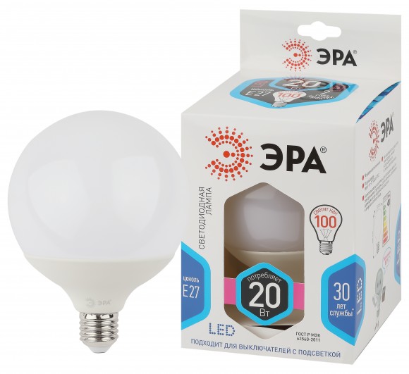 Лампочка светодиодная ЭРА STD LED G120-20W-4000K-E27 E27 / Е27 20Вт шар нейтральный белый свет