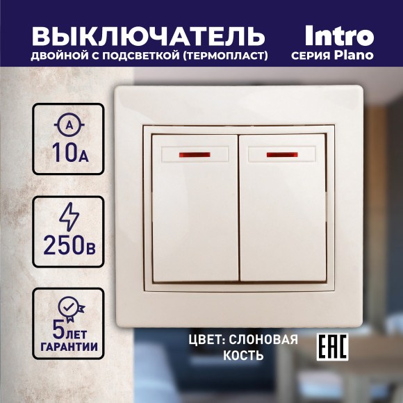 Б0027604 1-105-02 Intro Выключатель двойной с подсветкой, 10А-250В, IP20, СУ, Plano, сл.кость (10/200/2400)