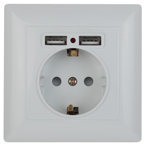 Б0043403 4-410-01 Intro Розетка P+E Schuko со шторками, 16А-250В + 2хUSB, СУ, Solo, белый (10/100/2500)