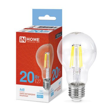 4690612055930 Лампа сд LED-A60-deco 20Вт 230В Е27 6500К 1890Лм прозрачная IN HOME