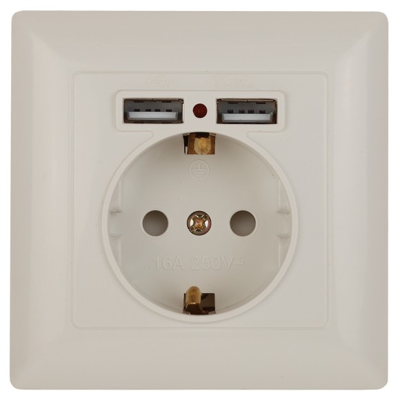 Б0043404 4-410-02 Intro Розетка P+E Schuko со шторками, 16А-250В + 2хUSB, СУ, Solo, слоновая кость (10/100/20