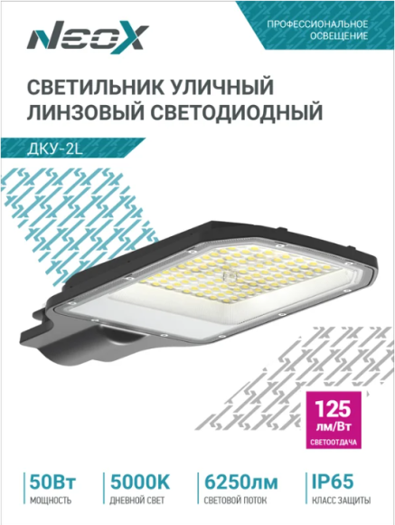 4690612057071 Светильник уличный линзованный сд ДКУ-2L 50Вт 230В 5000К 6250Лм 125лм/Вт 42-48мм IP65 NEOX