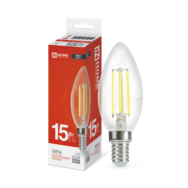 4690612055954 Лампа сд LED-СВЕЧА-deco 15Вт 230В Е14 4000К 1455Лм прозрачная IN HOME