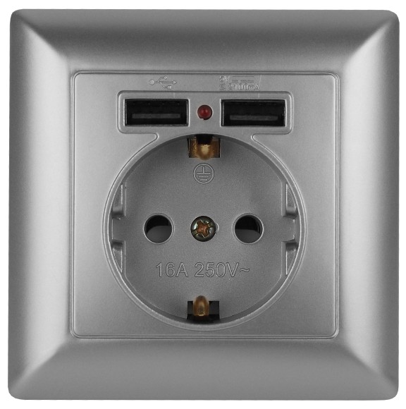 Б0053715 Розетка Intro Solo 4-410-03 с заземлением P+E Schuko со шторками, 16А-250В + 2хUSB, IP20, СУ, алюминий