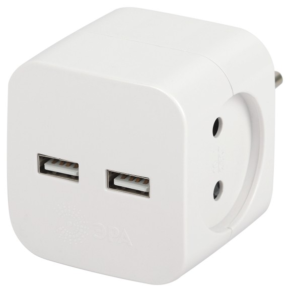 SP-2-USB-W Разветвитель электрический ЭРА SP-2-USB-W на 2 розетки + 2xUSB 2400mA, без заземл 10А (белый)