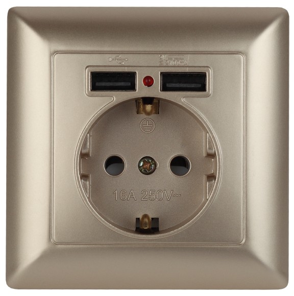Б0043406 4-410-04 Intro Розетка P+E Schuko со шторками, 16А-250В + 2хUSB, СУ, Solo, шампань (10/100/2500)
