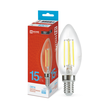 4690612055961 Лампа сд LED-СВЕЧА-deco 15Вт 230В Е14 6500К 1455Лм прозрачная IN HOME