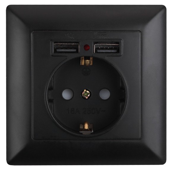 Б0053717 Розетка Intro Solo 4-410-05 с заземлением P+E Schuko со шторками, 16А-250В + 2хUSB, IP20, СУ, антрацит