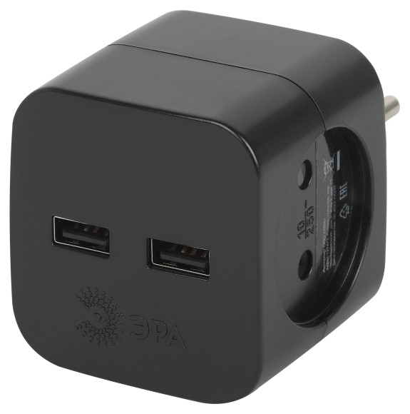 SP-2-USB-B Разветвитель электрический ЭРА SP-2-USB-B на 2 розетки + 2xUSB 2400mA, без заземл 10А (черный)