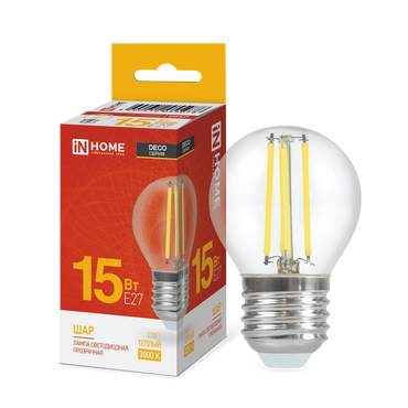 4690612055978 Лампа сд LED-ШАР-deco 15Вт 230В Е27 3000К 1435Лм прозрачная IN HOME