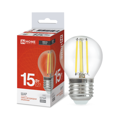 4690612055985 Лампа сд LED-ШАР-deco 15Вт 230В Е27 4000К 1435Лм прозрачная IN HOME