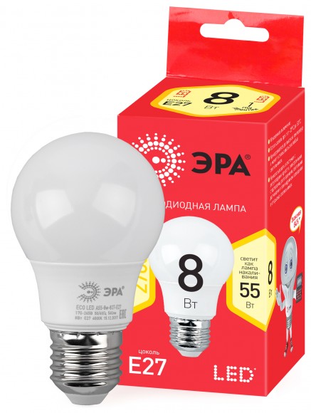 Б0032095 Лампочка светодиодная ЭРА RED LINE ECO LED A55-8W-827-E27 E27 / Е27 8Вт груша теплый белый свет