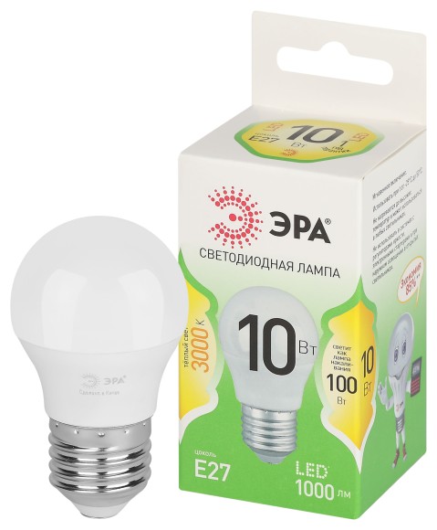 LED P45-10W-830-E27 GL Лампочка светодиодная ЭРА GREEN LINE LED P45-10W-830-E27 GL E27 10 Вт шар теплый свет