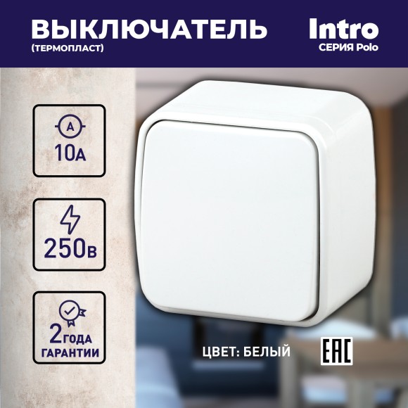 Б0036092 3-101-01 Intro Выключатель, 10А-250В, IP20, ОУ, Polo, белый (18/360/4320)