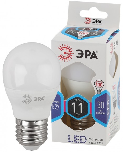 Лампочка светодиодная ЭРА STD LED P45-11W-840-E27 E27 / Е27 11Вт шар нейтральный белый свет