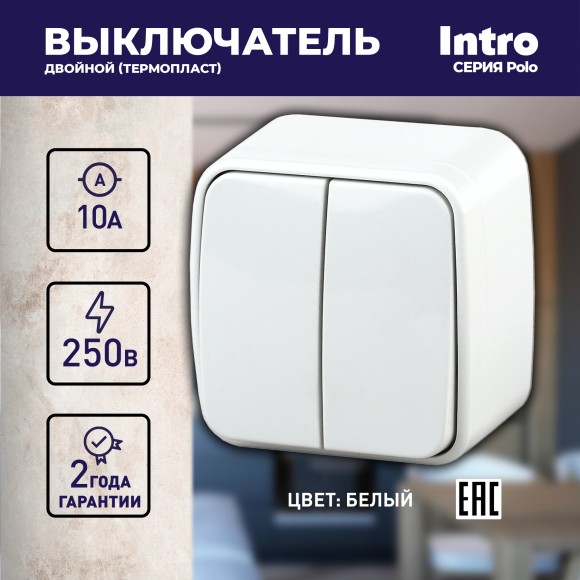 Б0036095 3-104-01 Intro Выключатель двойной, 10А-250В, IP20, ОУ, Polo, белый (18/360/4320)