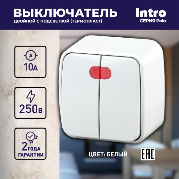 Б0036096 3-105-01 Intro Выключатель двойной с подсветкой, 10А-250В, IP20, ОУ, Polo, белый (18/360/4320)