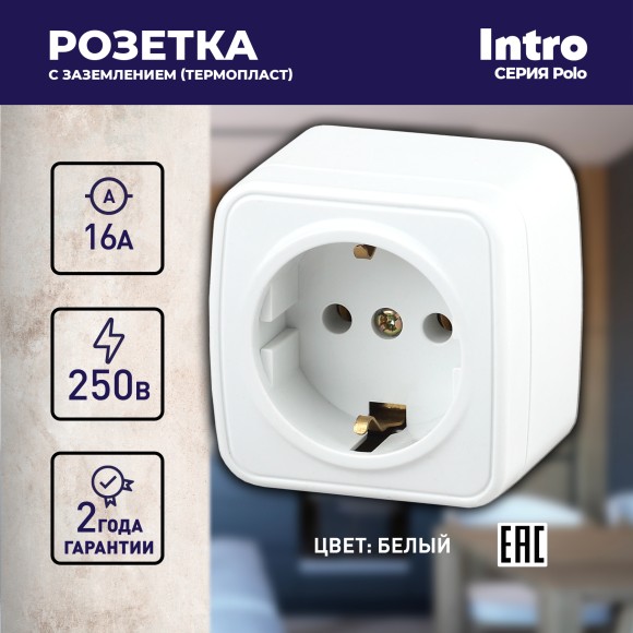 Б0036098 3-202-01 Intro Розетка 2P+E Schuko, 16А-250В, IP20, ОУ, Polo, белый (16/320/3840)