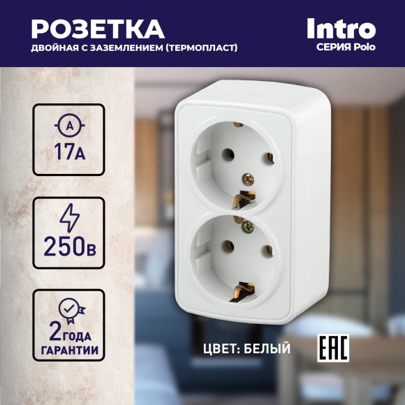 Б0036100 3-204-01 Intro Розетка 2х2P+E Schuko, 16А-250В, IP20, ОУ, Polo, белый (12/240/2880)