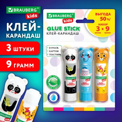 Клей-карандаш "Зверята: панда, слон, леопард" 9 г, фигурный колпачок, 3 шт/блистер, BRAUBERG KIDS, 272473