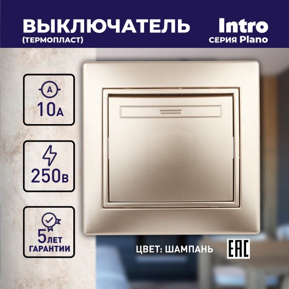 Б0030031 1-101-04 Intro Выключатель, 10А-250В, IP20, СУ, Plano, шампань (10/200/2000)